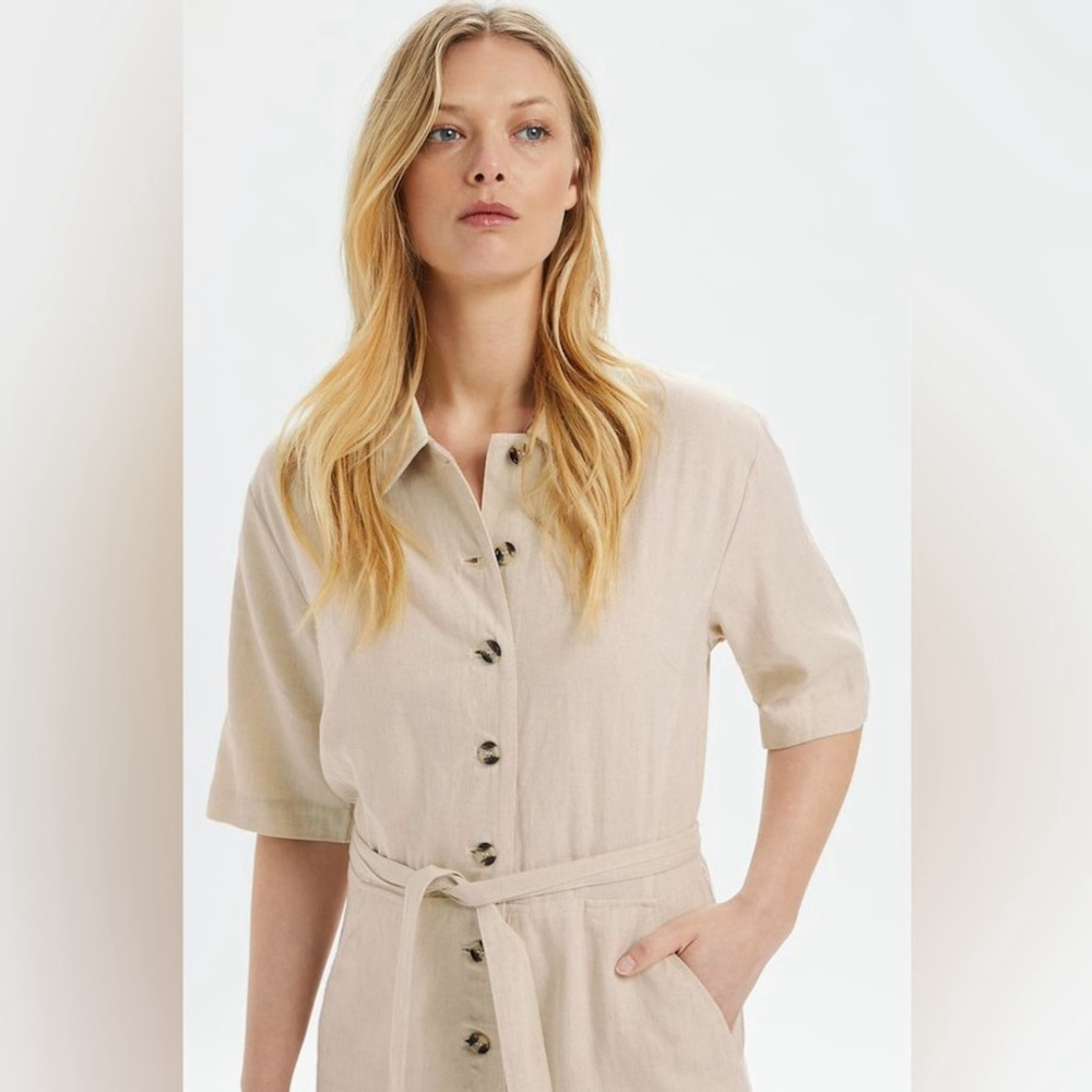 Women’s Short-Sleeve Button-Front Jumpsuit in Beige